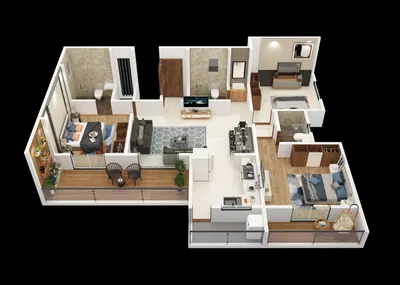 Indicative 3D unit plan 4 with furnished living, bedrooms and balconies